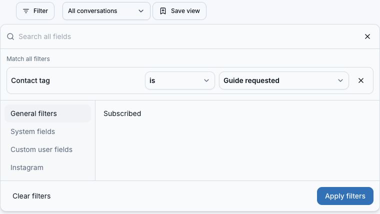 Inbox Filter dialog with Contact tag is Guide requested and the Apply filters button.