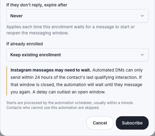 Instagram enrollment warning explaining the 24-hour DM window and the option to expire a wait for a reply.