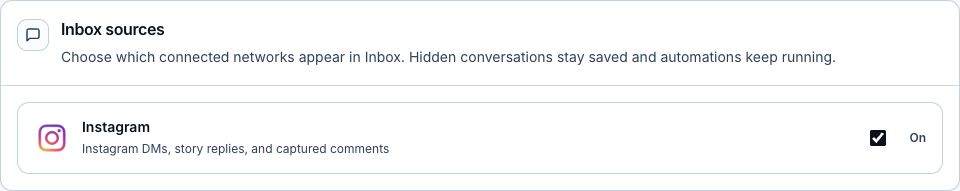 Inbox sources settings with the Instagram source switched on.