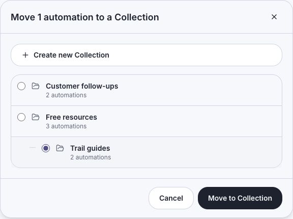 Move to Collection dialog with Trail guides selected beneath its parent Free resources.