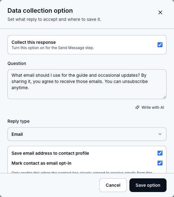 Data collection dialog with an email question, Email reply type, and Save email address to contact profile checked.