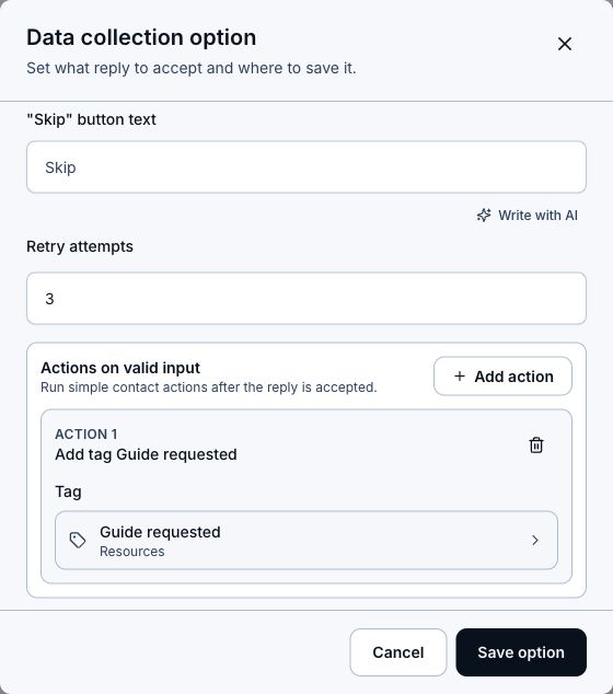 Actions on valid input containing an Add tag action for Guide requested beneath the retry controls.