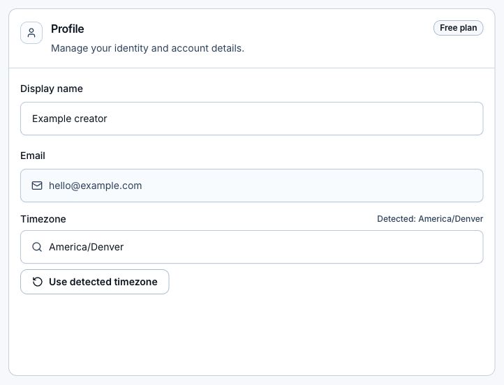 Profile settings with the Display name field above email and timezone.