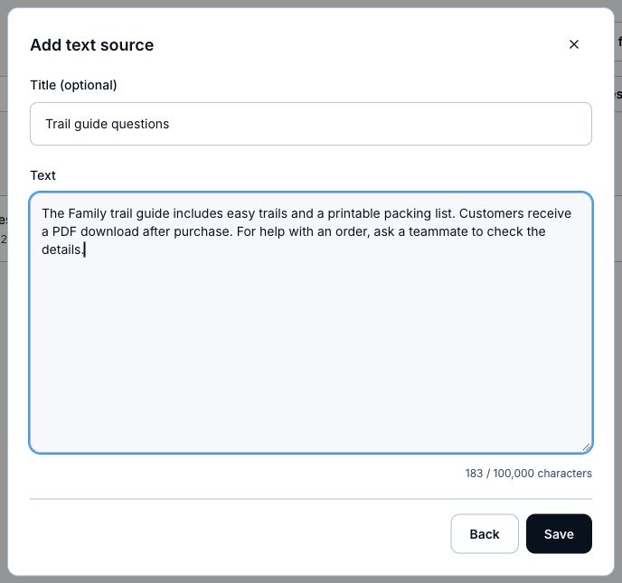 Add text source dialog with a sample title, knowledge text, character count, and Save.