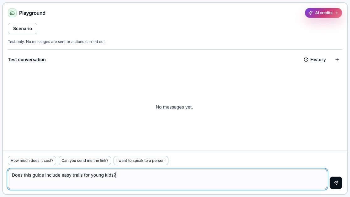 Playground with Scenario, test conversation controls, and a sample customer question ready to send.
