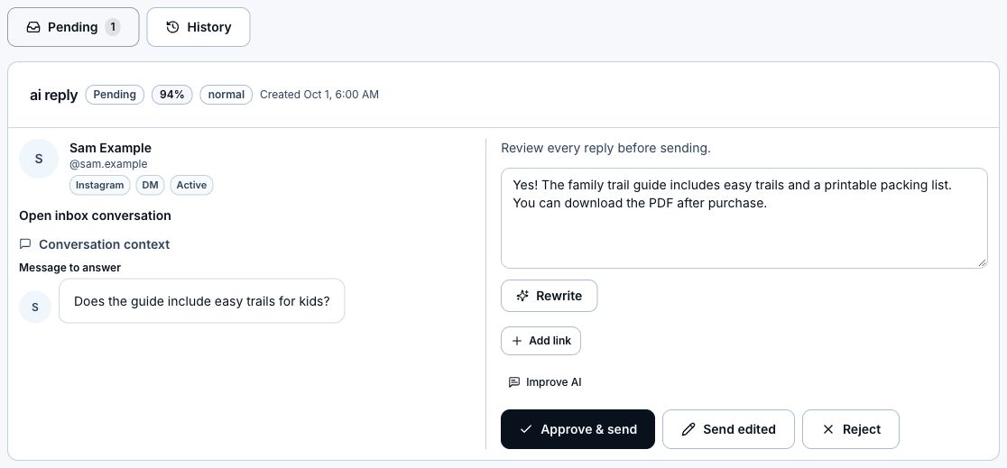 Pending AI reply with the customer question, editable response, and review actions.