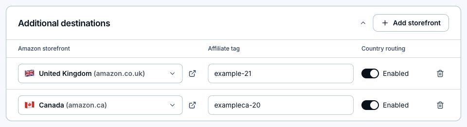 LinkStack's Amazon program editor with separate UK and Canadian storefronts, affiliate tags, and country-routing controls.