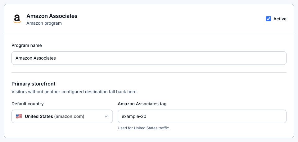 Amazon program editor with the primary United States storefront and an example Associates tag.