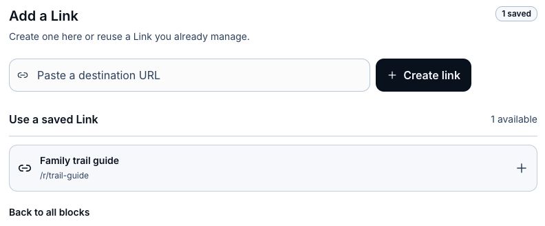 Add Link picker with an existing Family trail guide Link.