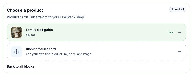 Product picker showing a published Family trail guide download.