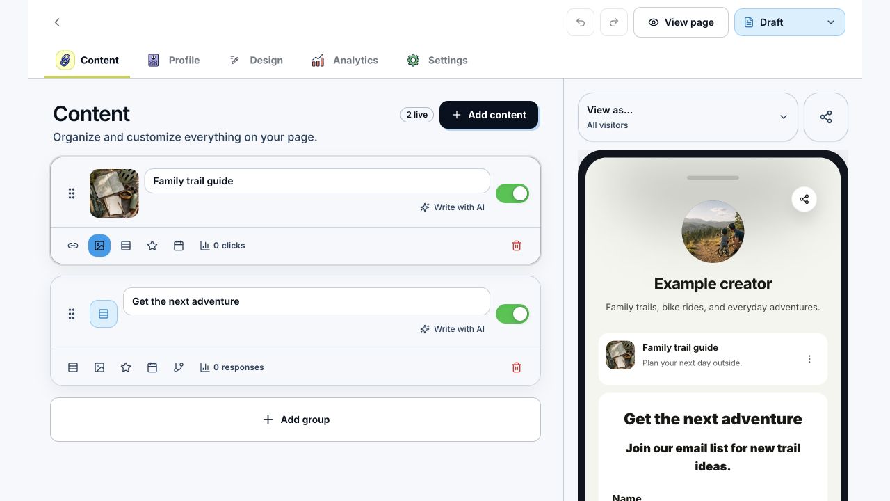 Bio page content editor with link and form cards beside a mobile preview.