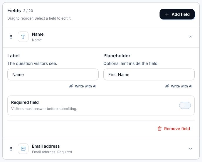 Form Fields editor with Name expanded, Email required, and Add field.