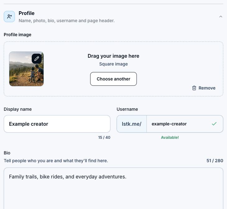 Bio profile editor with profile image, Choose another, display name, username, and bio.