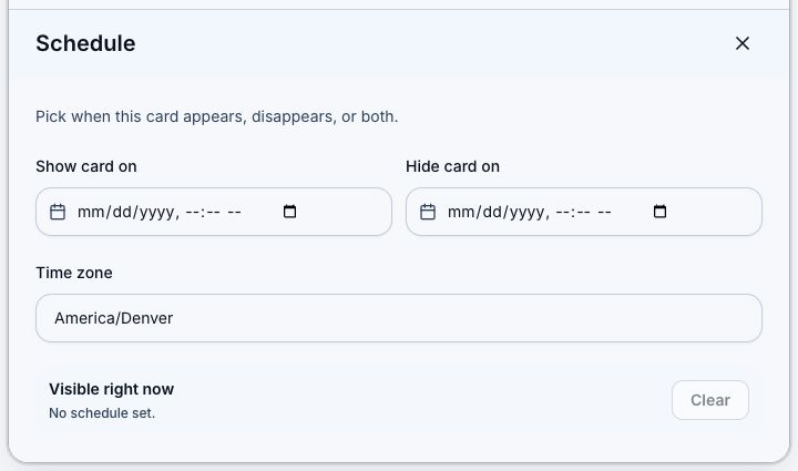Bio block Schedule controls with start and end dates and timezone.