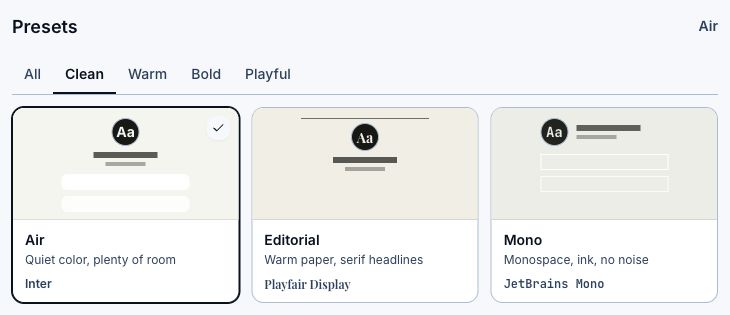 Bio theme picker filtered to Clean, with Air, Editorial, and Mono presets.