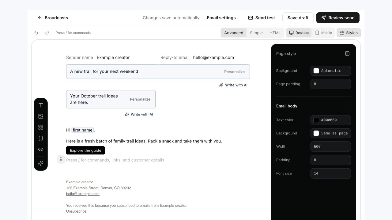The broadcast editor displays an example trail email, a mobile-view control, Send test, and Review send.