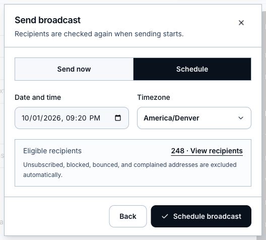 Send broadcast dialog with Schedule selected, date and time, timezone, and eligible recipients.