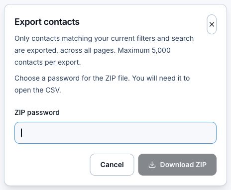 Export contacts dialog explaining current filters, a ZIP password field, and Download ZIP.