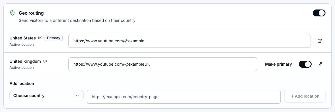 Geo routing with primary and additional country destinations and test links.