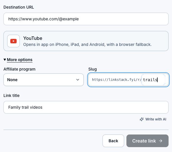 Link review form with a YouTube destination, app detection, affiliate program, slug, and title fields.