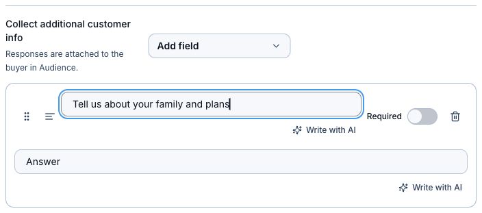 Custom product checkout with a paragraph field asking about the buyer’s family and plans.