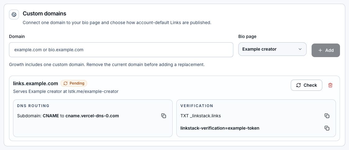 Pending custom domain with required DNS records and verification controls.