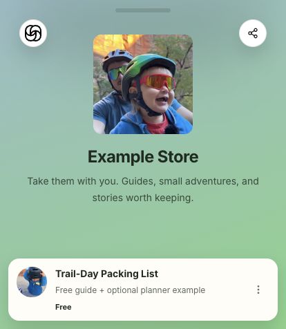 Example Store profile and the free Trail-Day Packing List product.