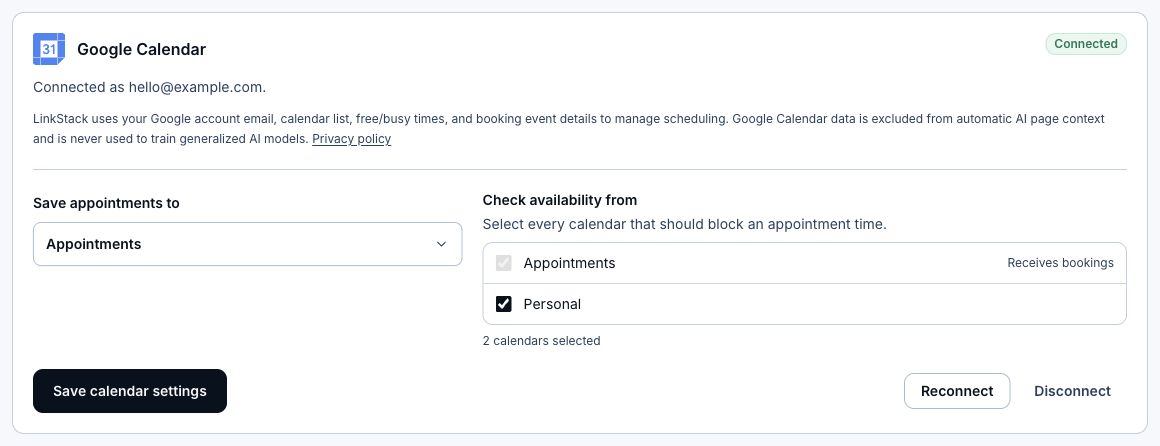 Google Calendar settings with an appointment calendar and two calendars selected for availability.