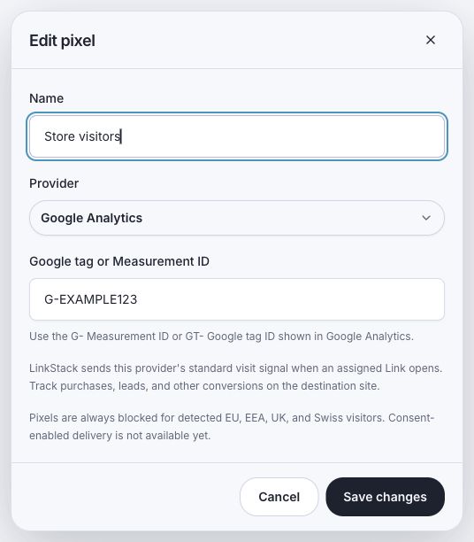 Google Analytics pixel configuration showing the Google tag or Measurement ID field.