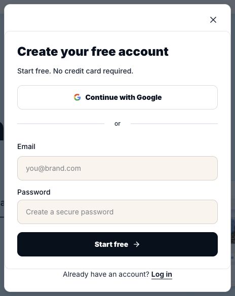 Homepage signup dialog with Google sign-in and email and password fields.