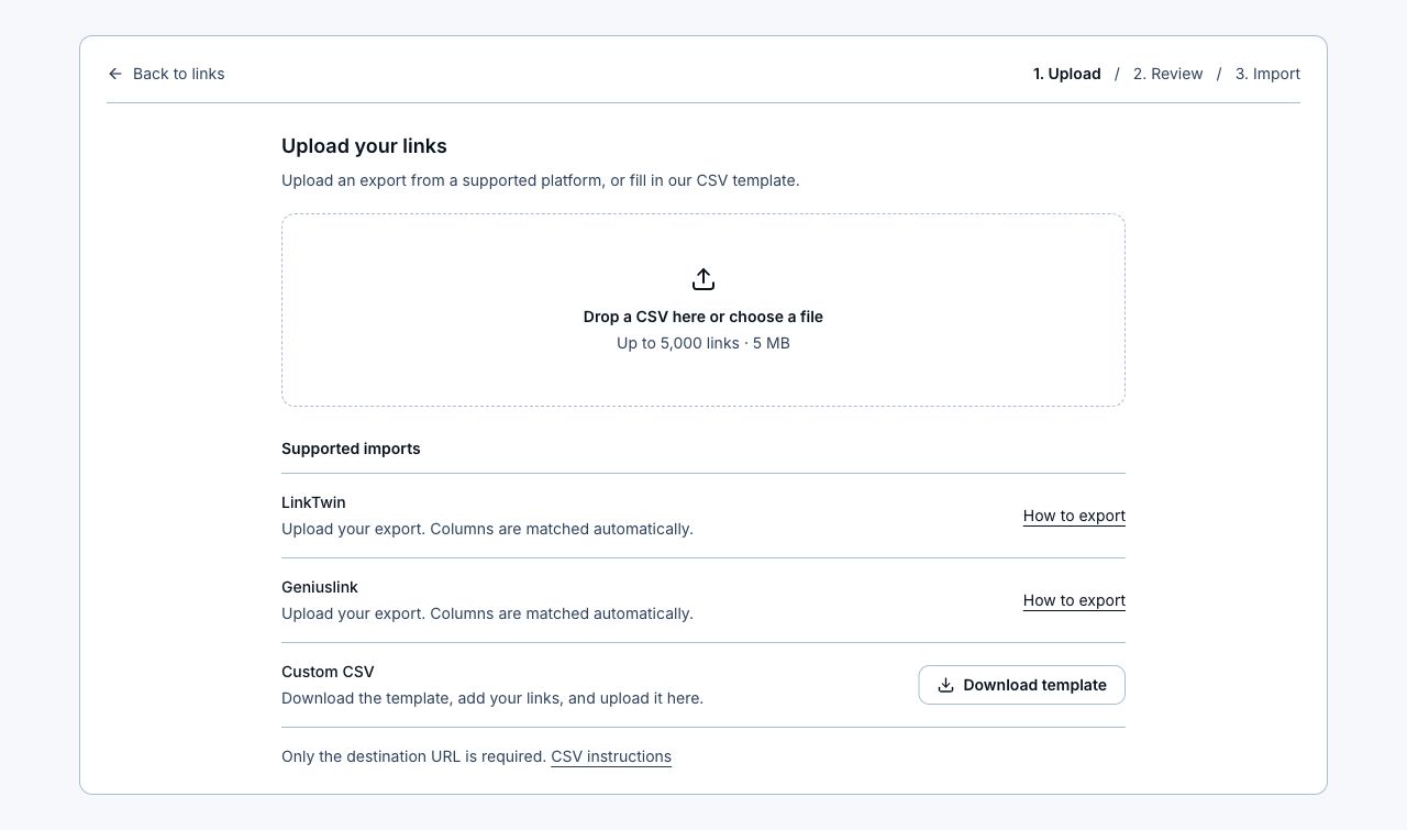 LinkStack CSV import screen listing LinkTwin as a supported import.