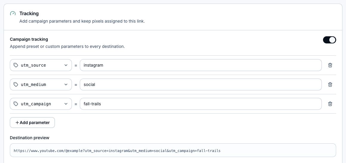 Campaign tracking controls with three example UTM parameters and the resulting URL.
