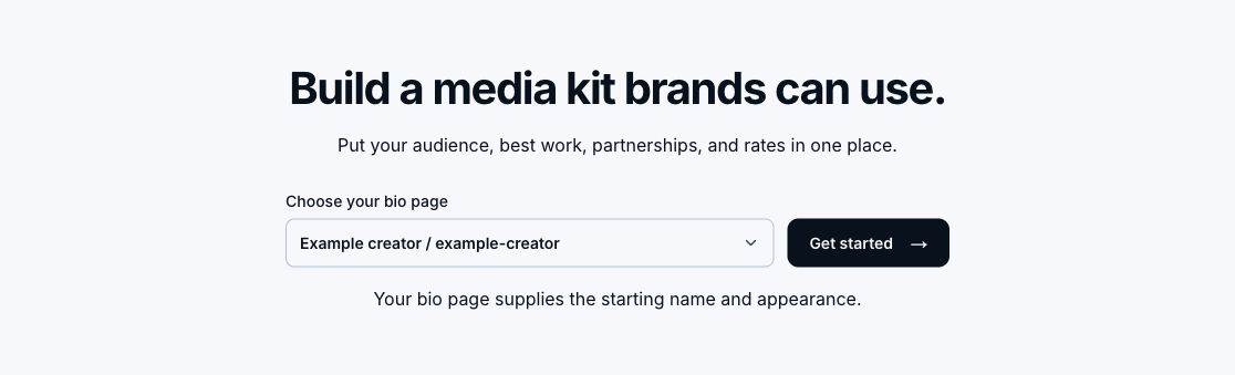 Media Kit setup with the Example creator bio page selected and the Get started button.