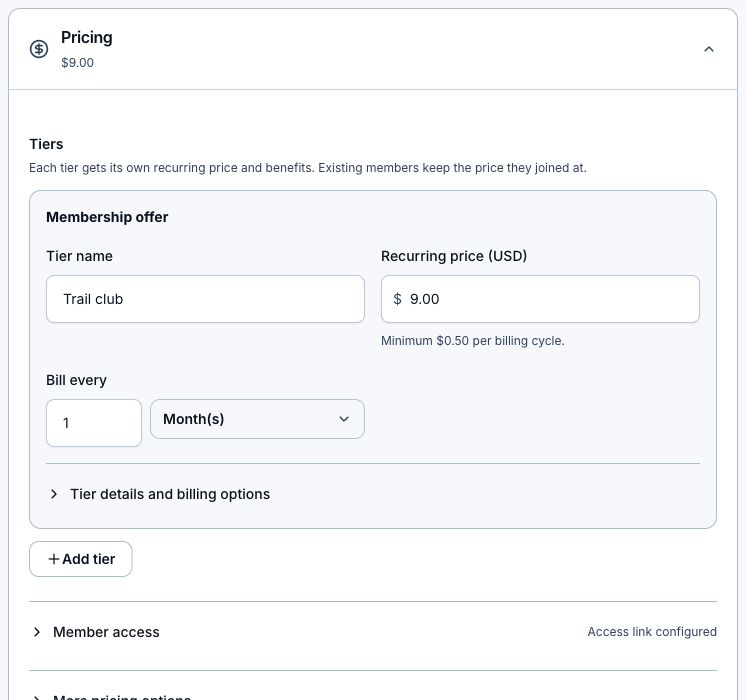 Membership pricing editor with a Trail club tier costing $9 each month.