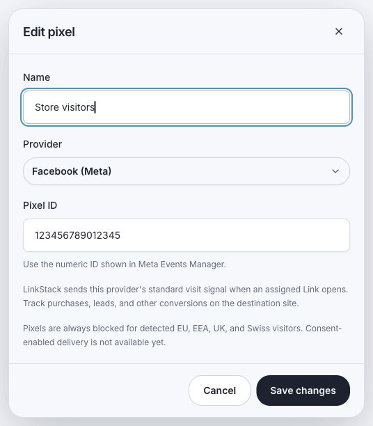 Pixel editor with Facebook Meta selected and an example Pixel ID.
