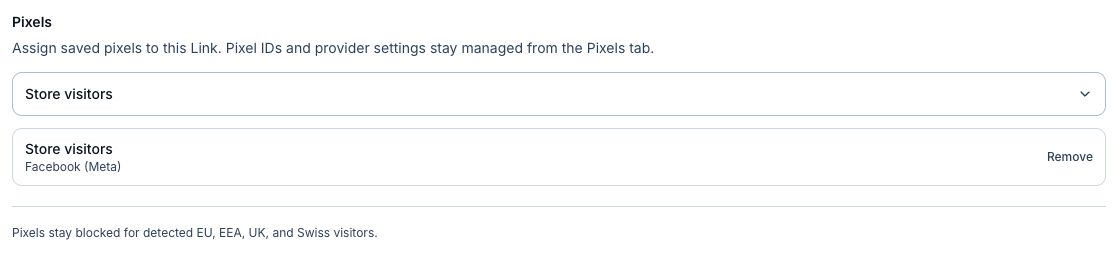 Link pixel assignment with Store visitors selected and the regional blocking notice.