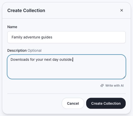 Create Collection dialog with a sample product collection name and description.