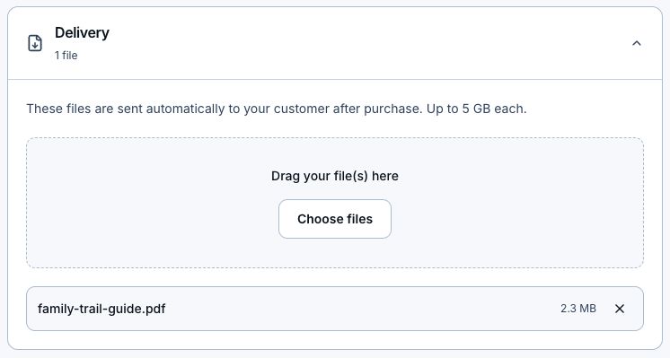 Delivery section with a PDF file, file size, upload area, and remove control.