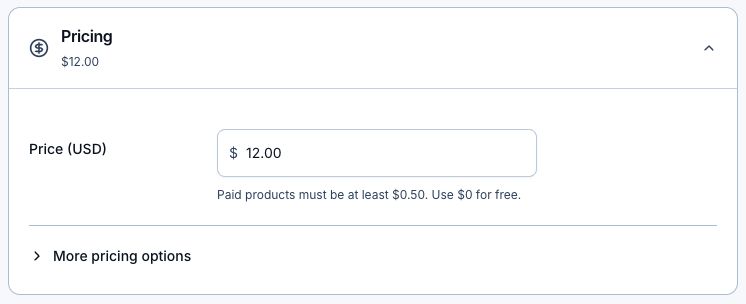 Digital product Pricing section with a $12 price and More pricing options.