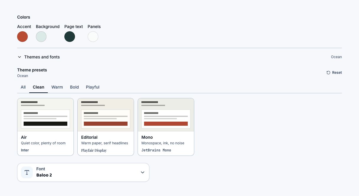 Product appearance settings with color controls, Clean theme presets, and font selector.