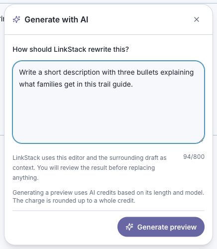 Generate with AI dialog containing a sample request for a short product description with three bullets.
