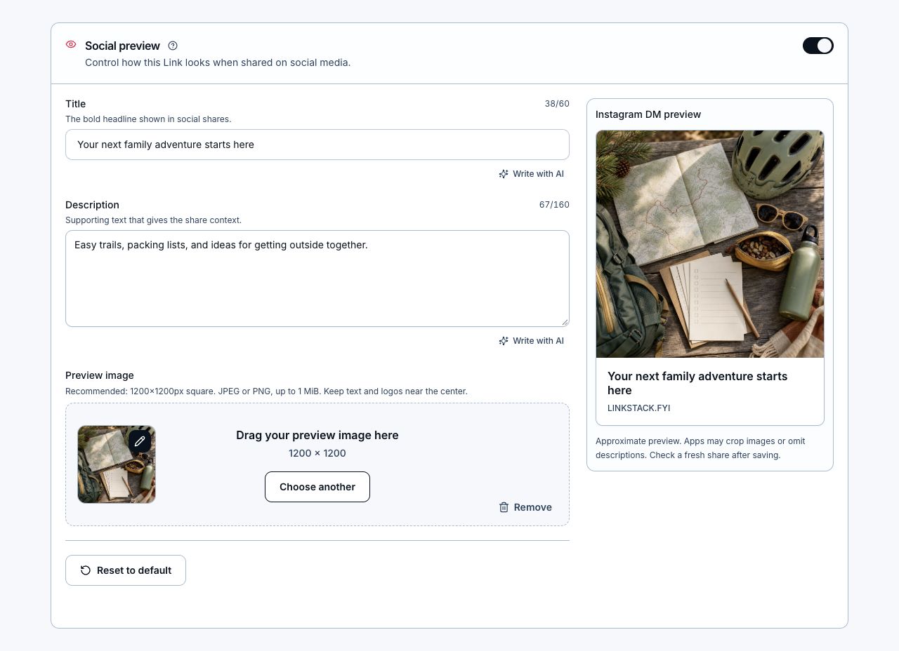 LinkStack's social-preview editor showing a custom title and image beside an Instagram DM card preview.