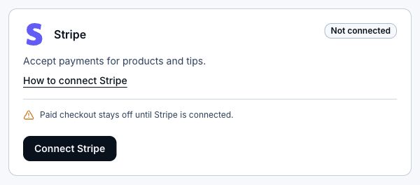 Stripe settings showing Not connected and Connect Stripe.