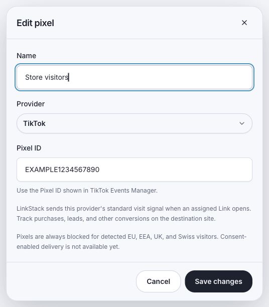 TikTok pixel configuration with name, provider, and Pixel ID fields.