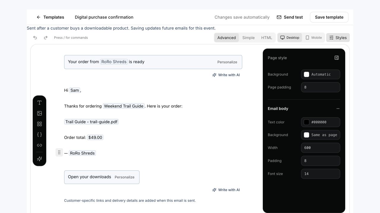 Digital purchase confirmation editor with subject, personalized body, download button label, and email styles.